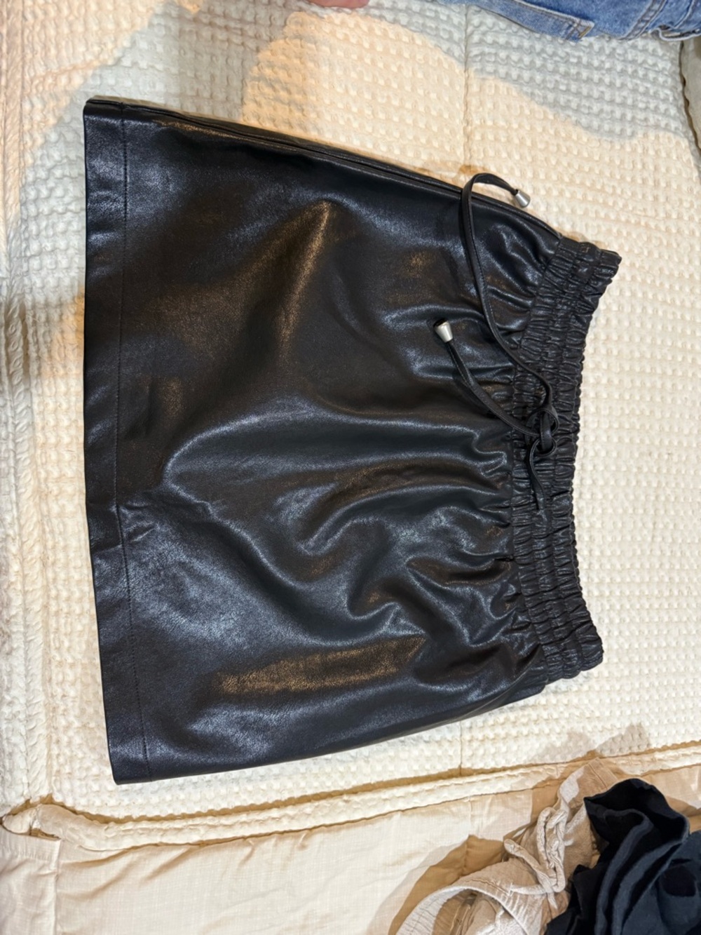 Black Faux Leather Drawstring Mini Skirt - Women